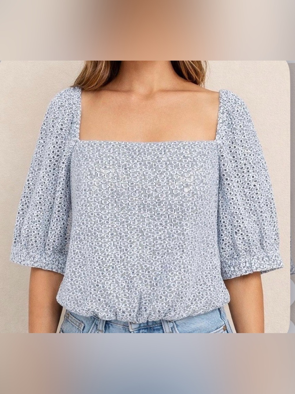 Everlane 100% Cotton Light Blue and White Eyelet Puff-Sleeve Crop Top